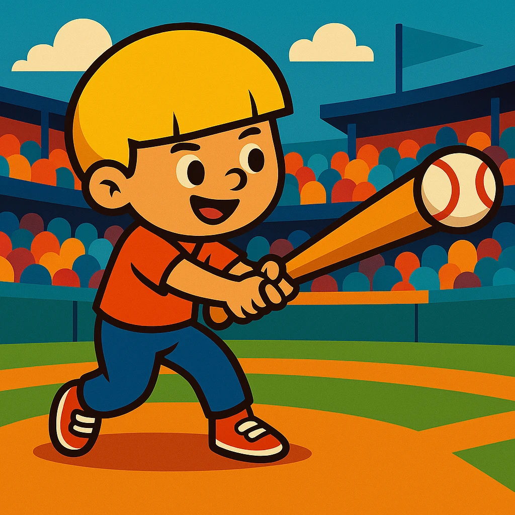Change the boy's hair to blonde, keep the bowl cut, vibrant cartoon style, mid-swing, baseball bat connecting with the ball, stadium background, vibrant colors. emoji