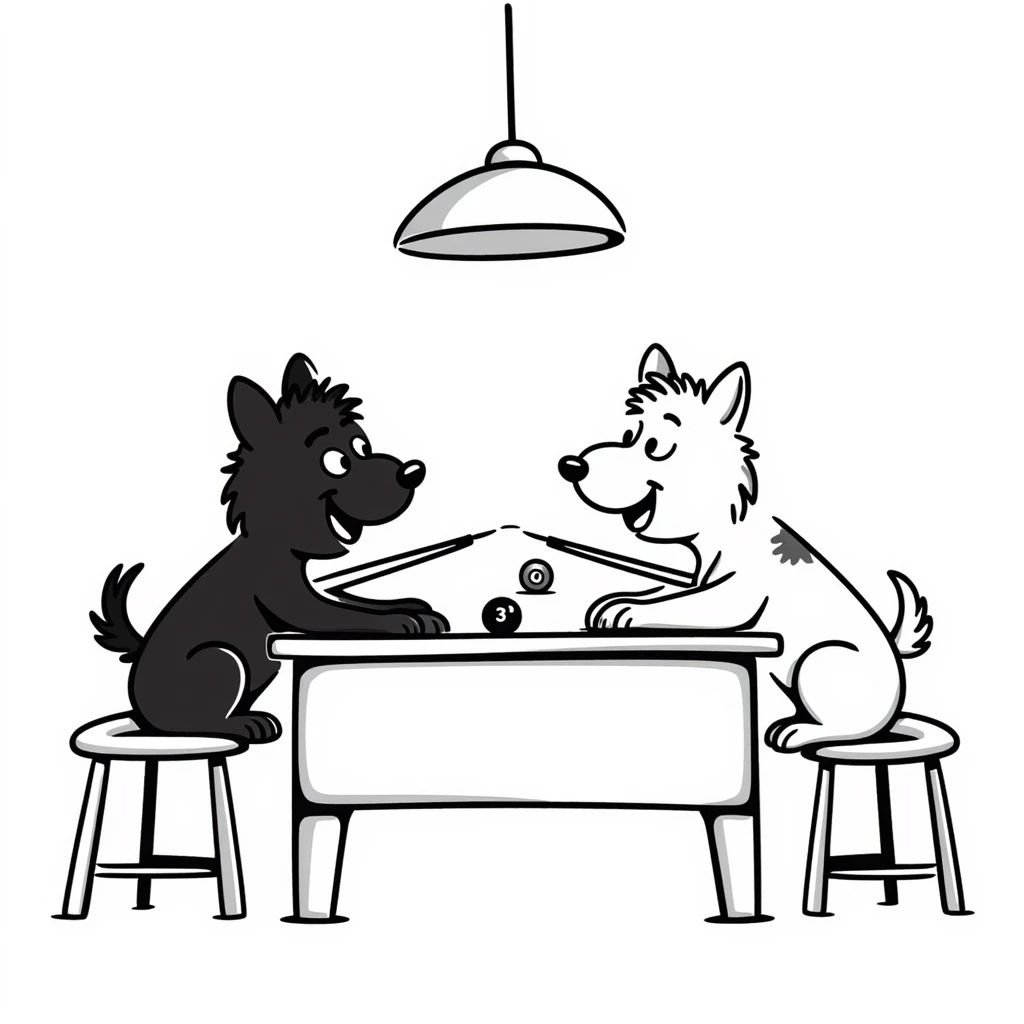 coloring page in Bobbie Goods style: two dogs playing pool in a bar, thick black lines, no color fill, ready to color emoji