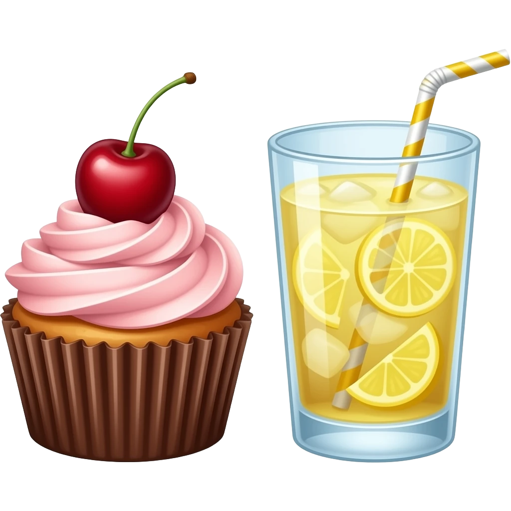 a cherry cupcake and a glass of iced lemonade with a straw in it. The words ‘GOOD AFTERNOON’ in red over it emoji