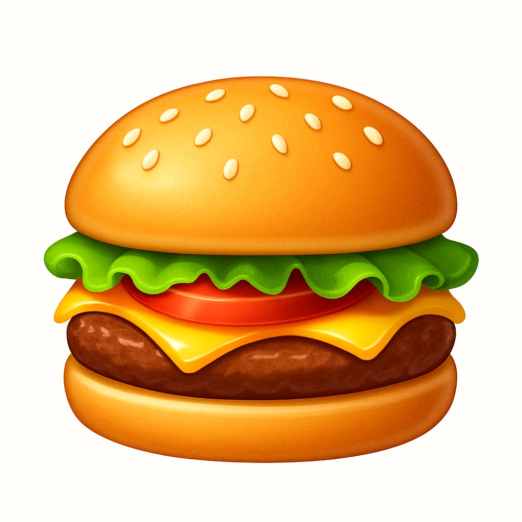 A classic single patty hamburger emoji,, glossy and colorful. Soft rounded bun with sesame seeds, one beef patty, fresh lettuce, ONE tomato slice, melted cheese, realistic but cartoonish look, clean white background emoji
