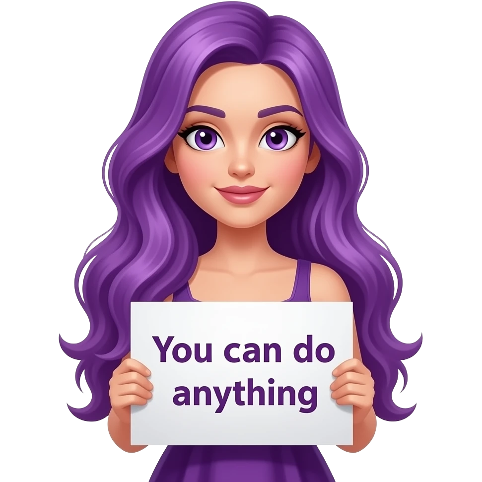 sexy girl with long purple hair and purple eyes wearing a dress holding a GIRL! You can do anyything sign emoji