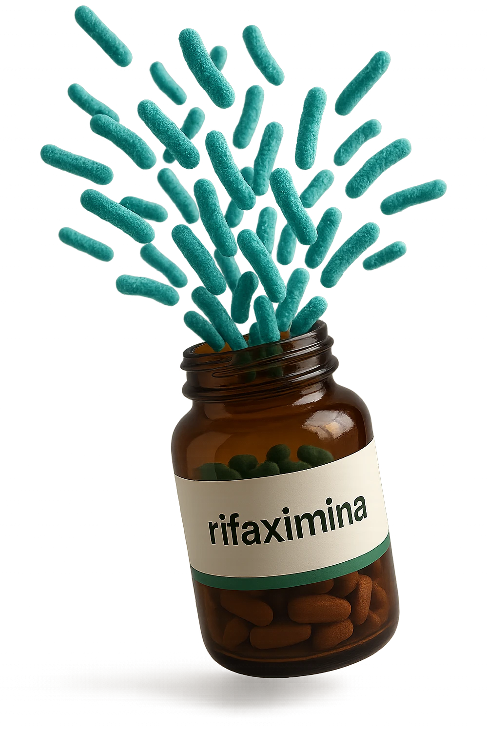 barattolo di medicinale con la scritta "rifaximina" sull'etichetta fluttua in aria, da dentro al barattolo escono batteri intestinali turchesi, iperrealistico 4k emoji