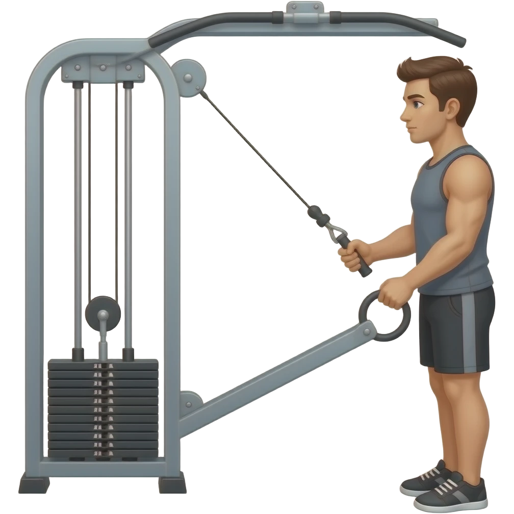 guy gym standing tricep machine side profile bring cable to waist one arm holding cable the other on side emoji