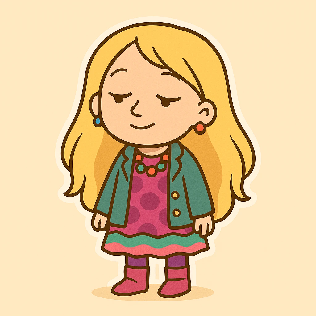 Transform the character based on Hermione into Luna Lovegood: light blonde, long, straight hair; dreamy expression; colorful eccentric clothes; maintain the chibi sticker style as in the references; light beige background. emoji