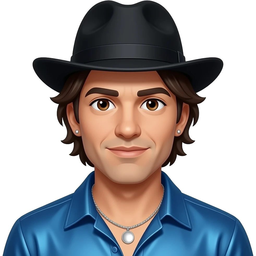 Michael Colyar with dark brown eyes, dark brown hair, black hat, blue metallic shirt, silver necklace and short earrings emoji