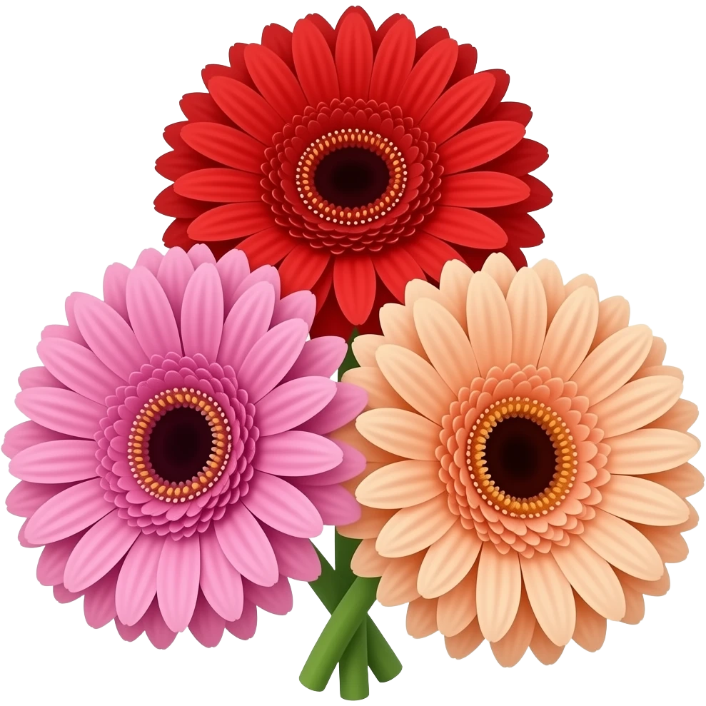 Bouquet of three gerbera only with each colour having red, pink and peach emoji