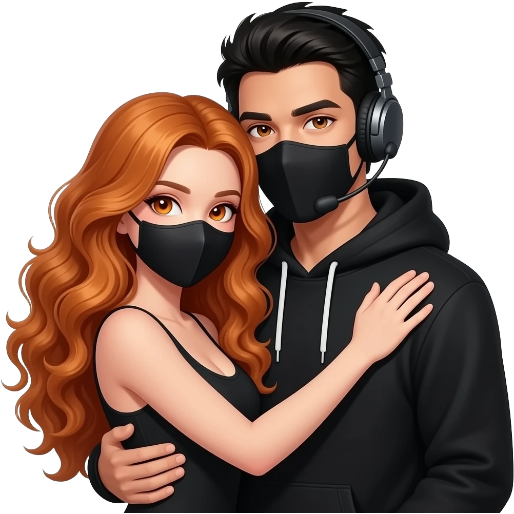 sexy girl with long curly ginger hair and ginger eyes with a black mask gets hugged by a attractive blackhaired man with a black hoodie, a headset and a black mask emoji