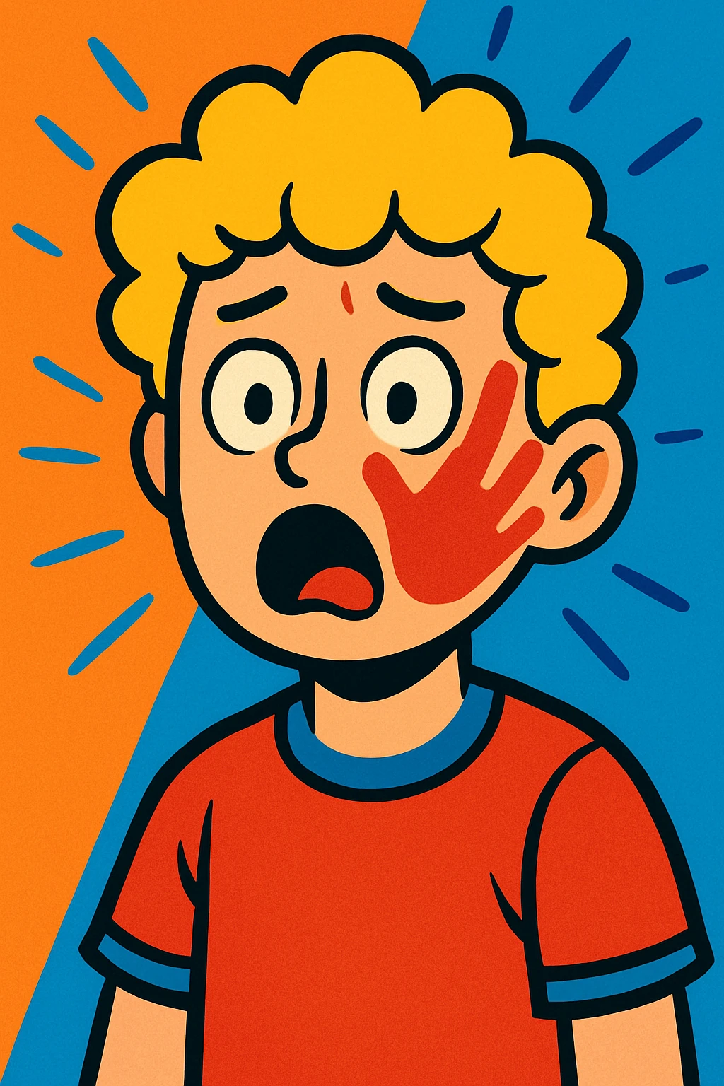 a blond white boy with curls, shocked expression, slap mark on face, vibrant toon style emoji