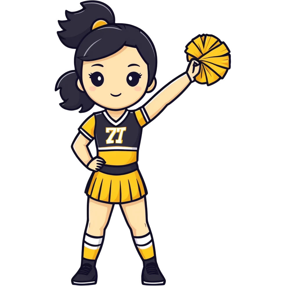 Cheerleader with black hair in black and gold uniform  emoji