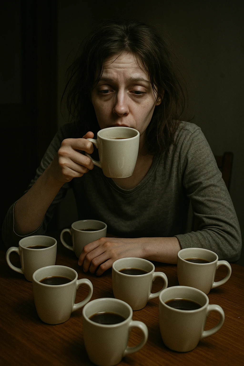 donna con stanchezza cronica distrutta e stanca che si fa tanti caffè emoji