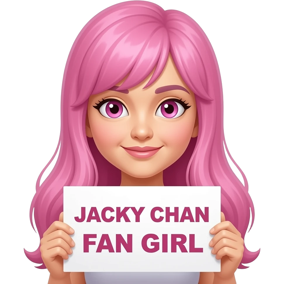 sexy girl with long pink hair and pink eyes holding JACKY CHAN FAN GIRL sign emoji