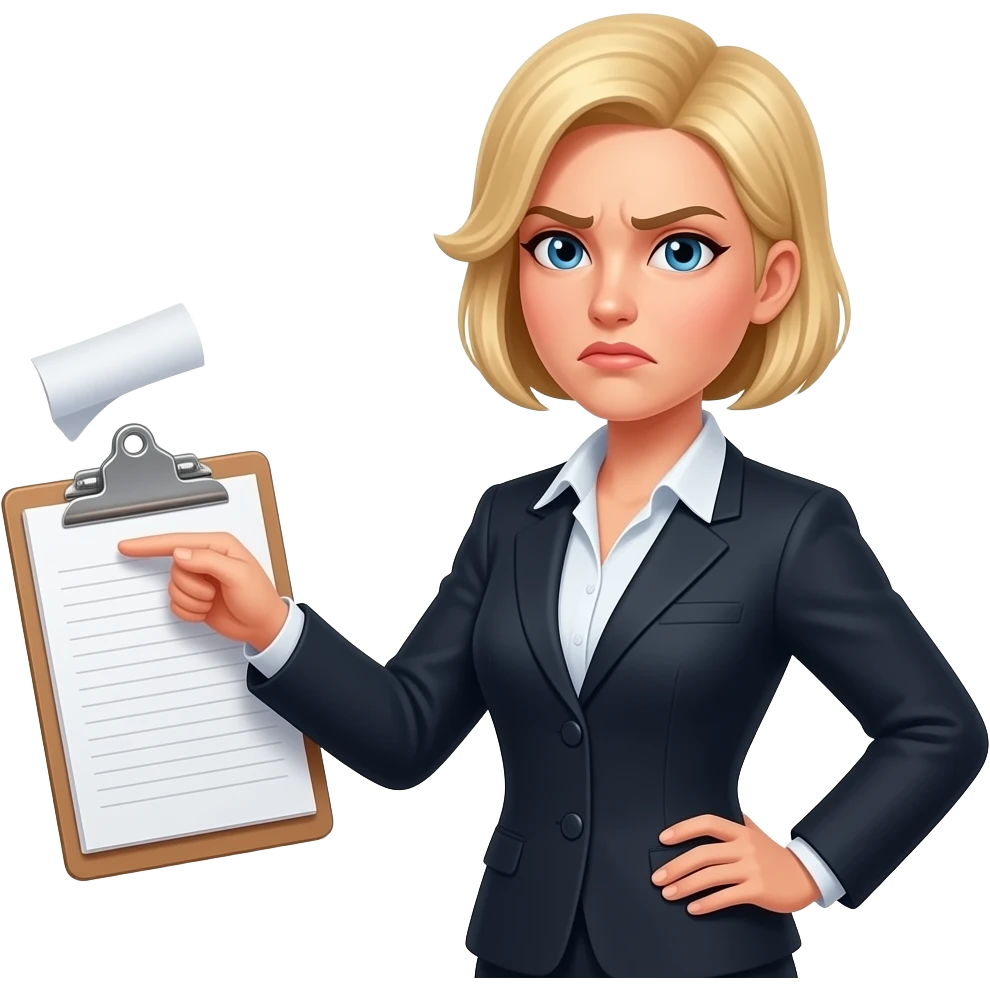 Blonde short and spikey hair female lawyer withone hand on her hip and the other hand dropping a legal pad with disgusted look on her face emoji