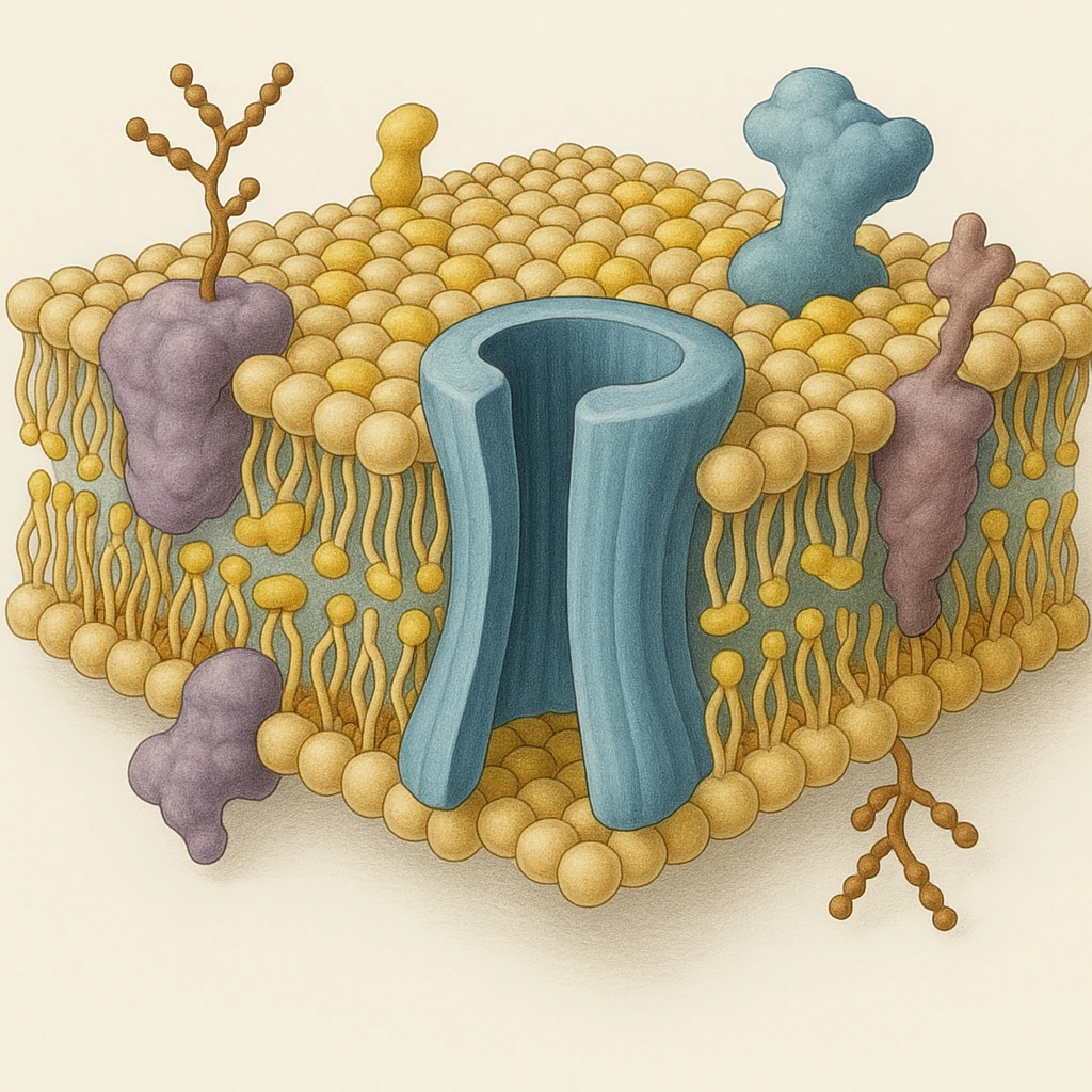 3D cross-section of a biomembrane, detailed phospholipid bilayer, integral and peripheral proteins, cholesterol, glycoproteins, large channel protein passing through the membrane, scientific illustration style emoji
