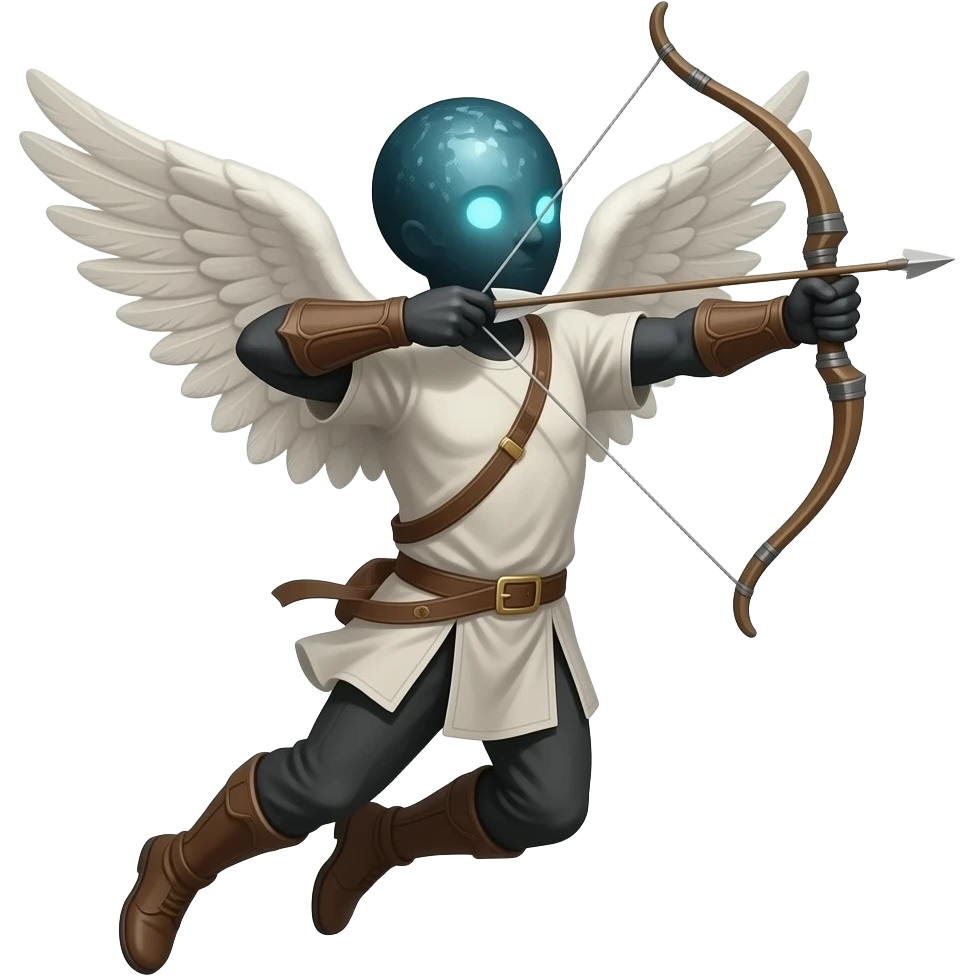 an angel with dark light as a head flying shooting bow and arrows emoji