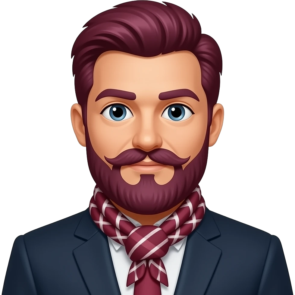 a business with long mustache wear a neck scarf her hairs color mehroon emoji