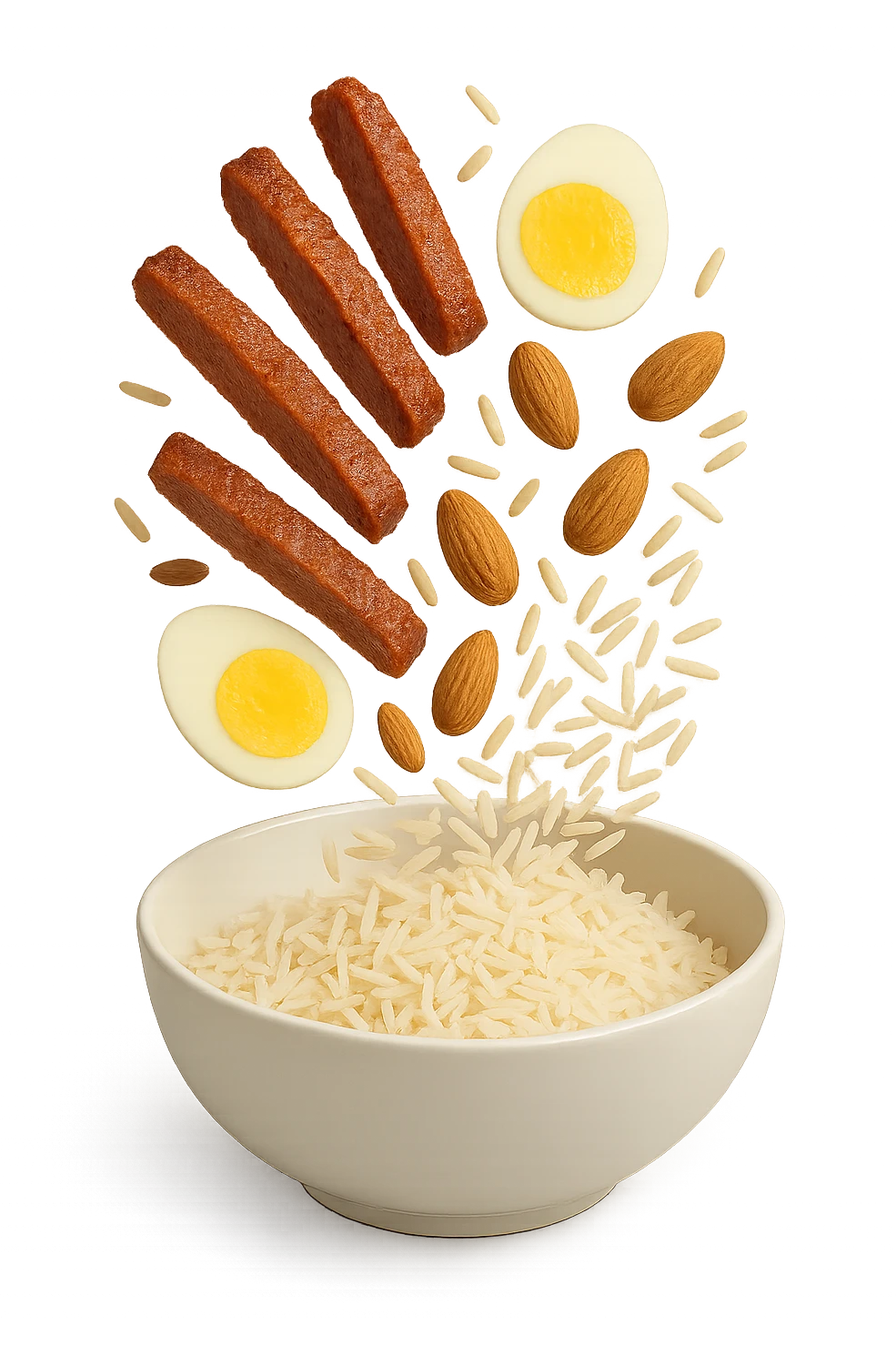 bowl bianca in cui cadono verticalmente fettine di carne, uova sode, mandorle e riso basmati emoji