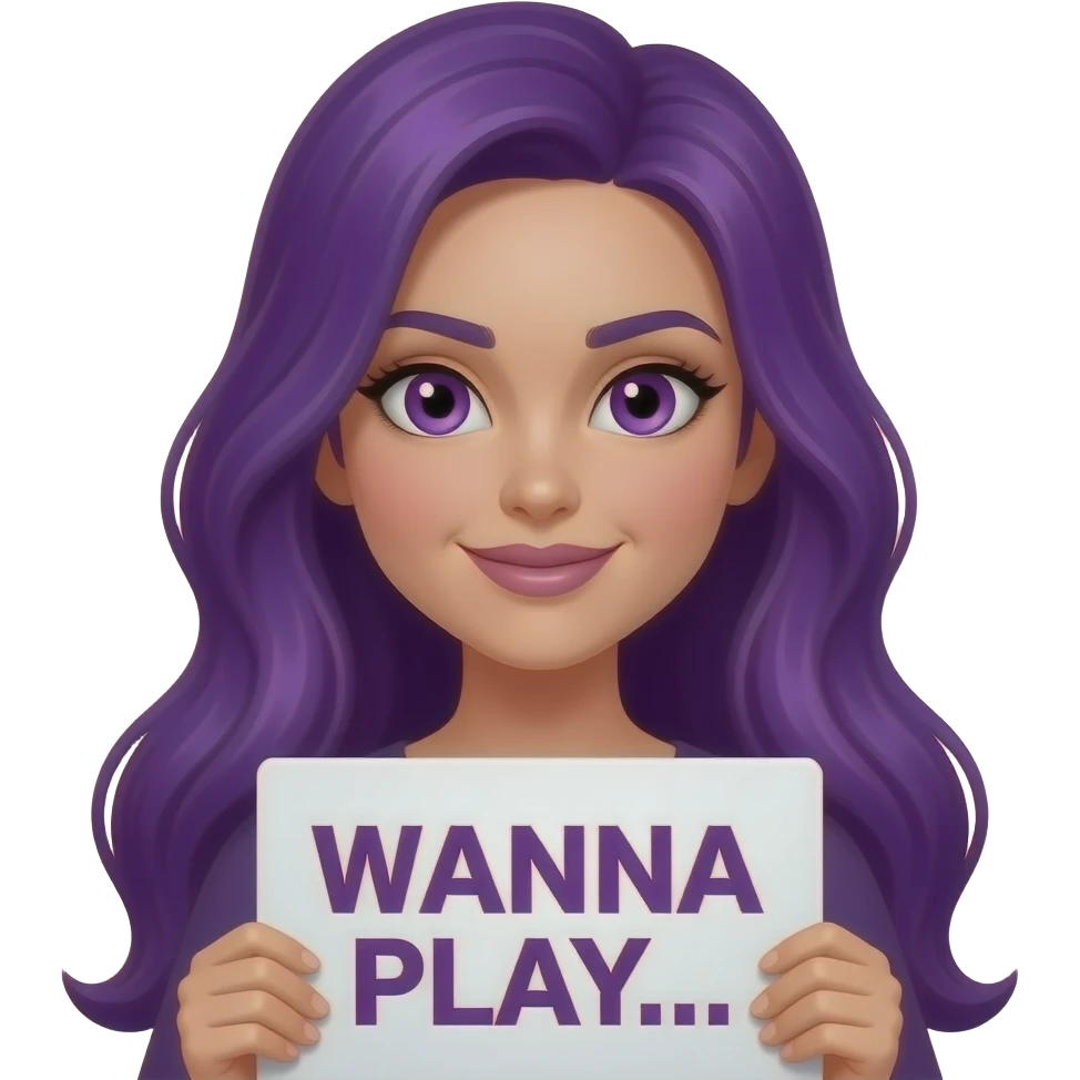sexy girl with long purple hair and purple eyes holding a WANNA PLAY... sign emoji