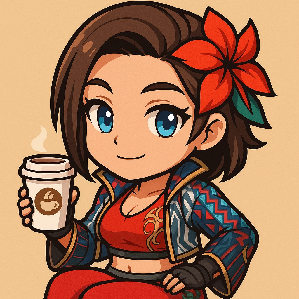 Azucena from Tekken 8 in chibi sticker style, holding a coffee cup with a relaxed expression, wearing the detailed red and patterned outfit from the reference images, designed for Twitch emote use. emoji
