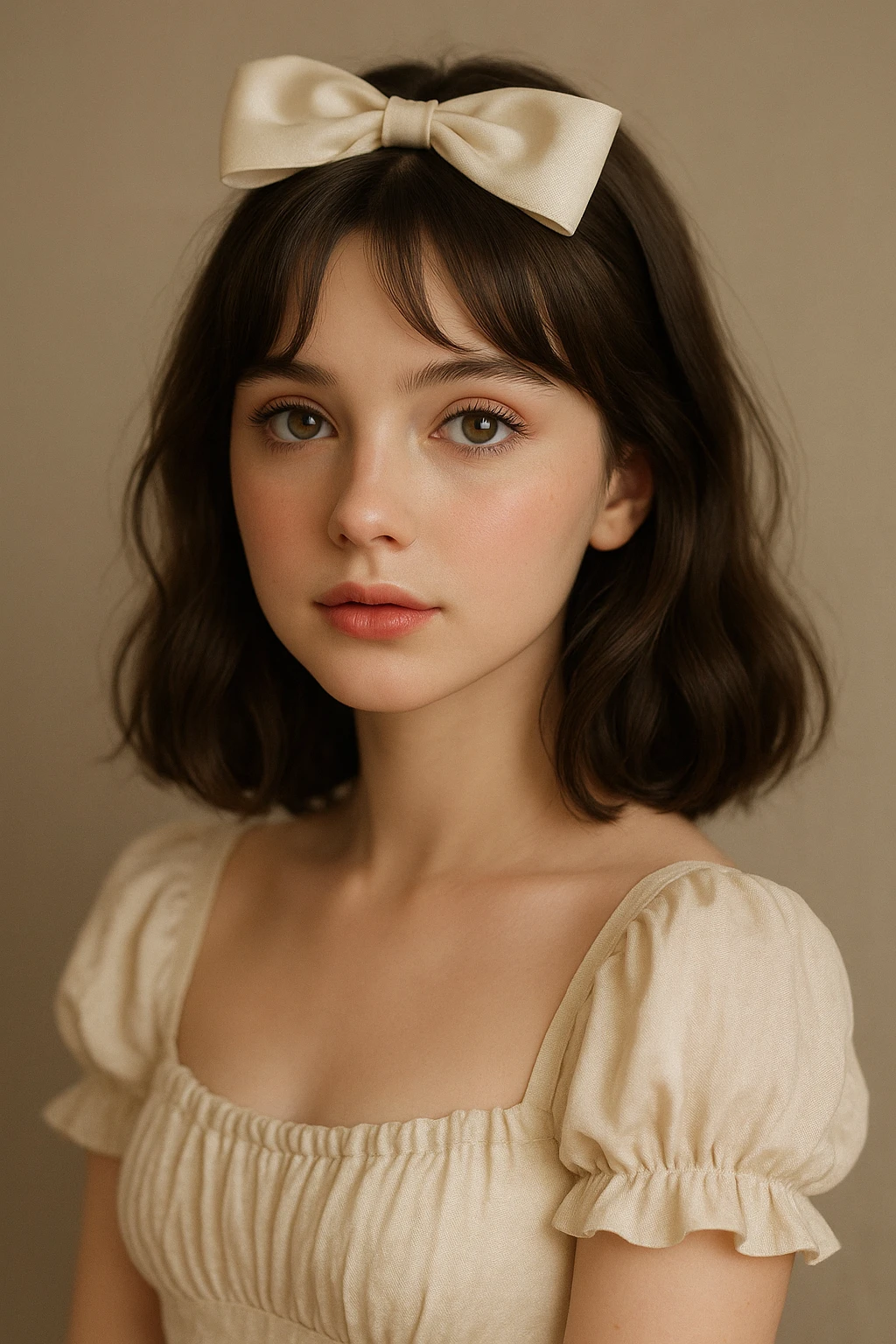 coquette girl with midi dark brown slightly wavy hair, bright skin, greenish hazel eyes, small cute lips, with a cute hair bow and soft makeup emoji