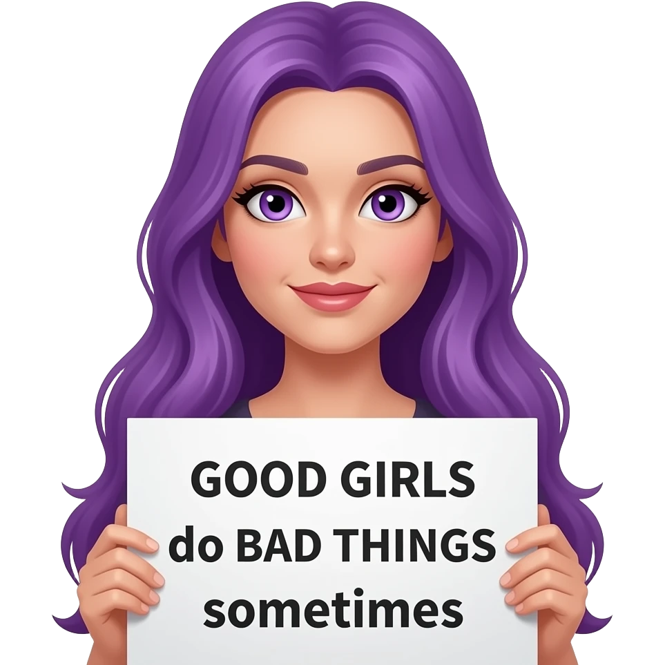 sexy girl with long purple hair and purple eyes holding a GOOD GIRLS do BAD THINGS sometimes sign emoji