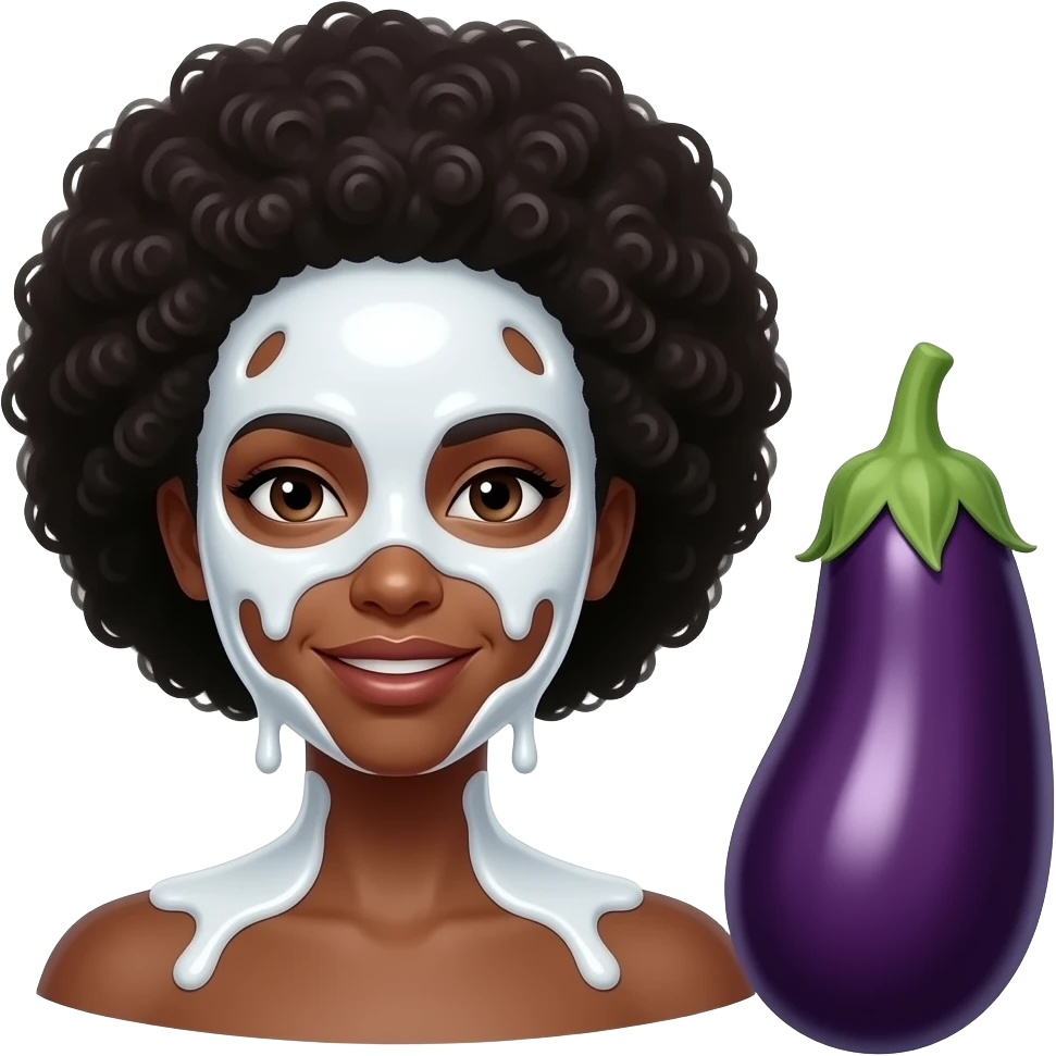 Black woman with white slime all over face and eggplant next to face. Tip facing woman and vertical emoji