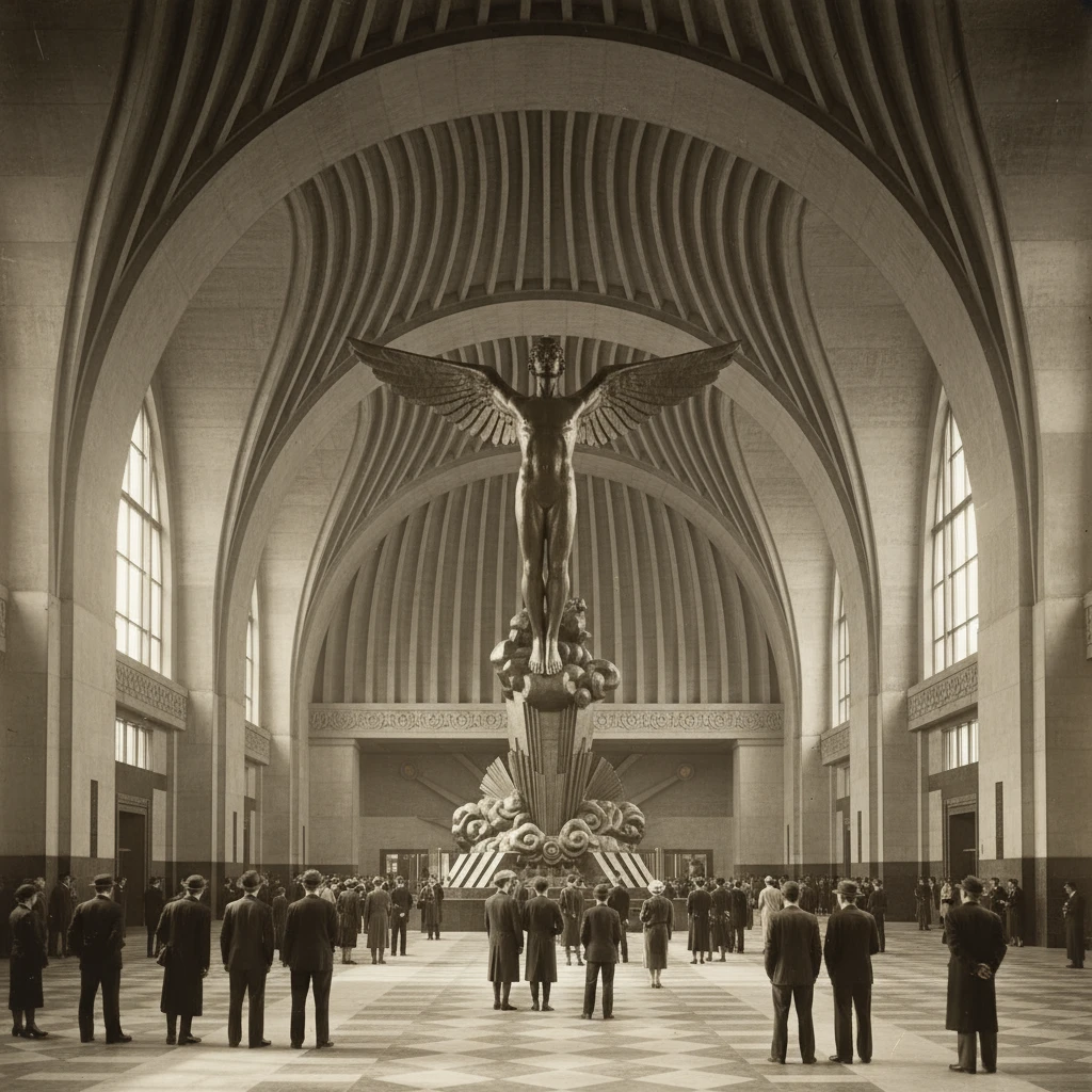 Дом Аэрофлота Чечулина изнутри. Огромные арки и скульптура Икара, на фоне которой люди очень маленькие 

Стиль - архивные цветные фотодокументы emoji