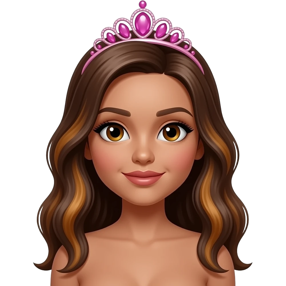 hair with pink tiara, Dark brown eyebrows,Dark brown skin, Doll shaped face, doll eyes, wavy with side part longer straightened auburn  hair with dark brown highlights, big breast no bra emoji