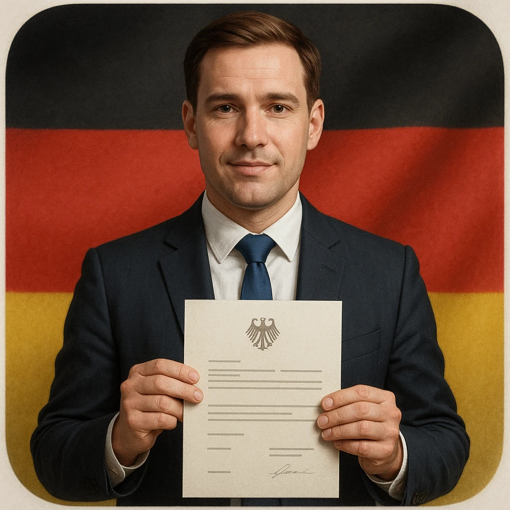 realistic style portrait of a person in business attire holding an official document, with German flag colors, for a citizenship app icon emoji