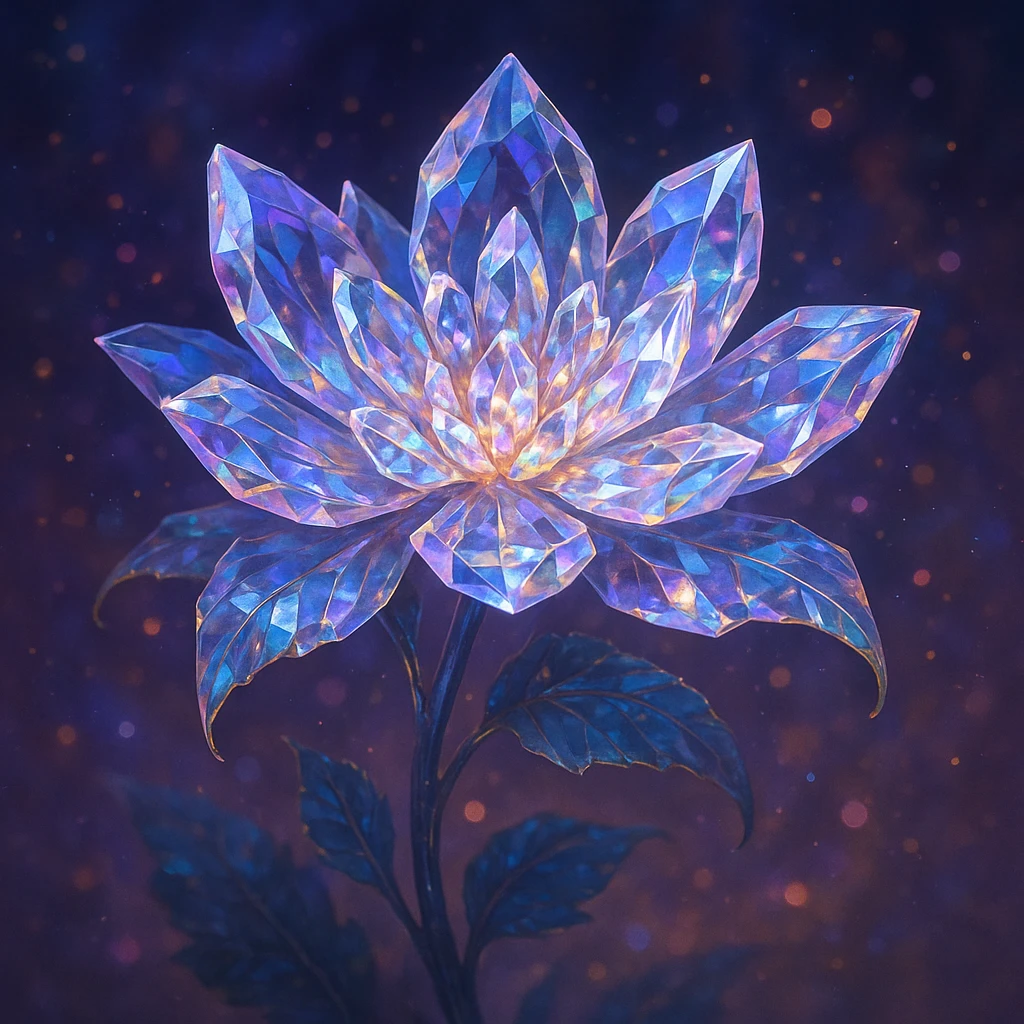 A crystal flower, delicate petals made of translucent gemstone, sparkling with light, in a magical fantasy style. emoji
