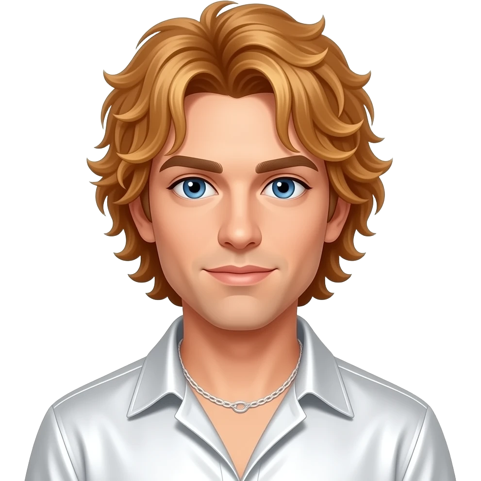 Brian Littrell from Backstreet Boys with blue eyes, reddish blonde 90s curtain cut hair, white metallic shirt, white necklace emoji