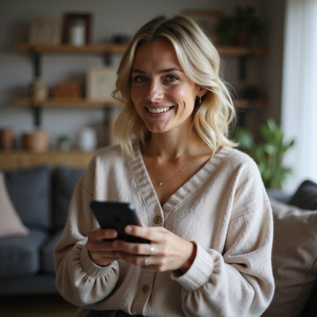 a happy blonde woman using a smartphone for online shopping, photorealistic style, cozy living room emoji