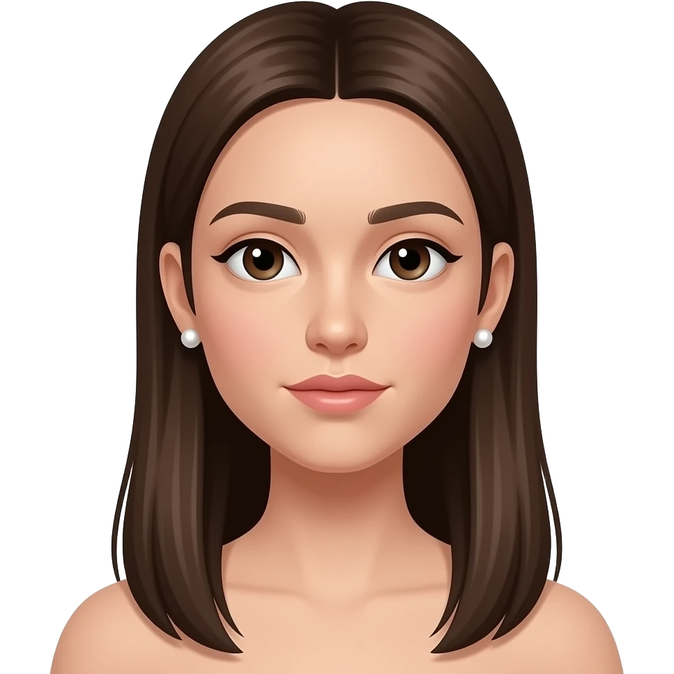 chica con pelo liso castaño largo y cara muy delgada y muy alargada y nariz pequeña y alargada y pendientes de perlas. Ojos oscuros emoji