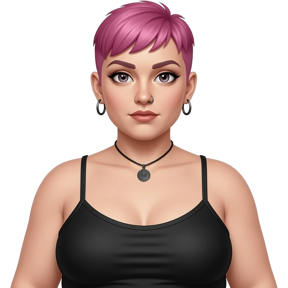 Obese Full body goth style woman with short buzzcut pink hair full body, earrings, nose ring. Wearing a spaghetti straps halter top emoji