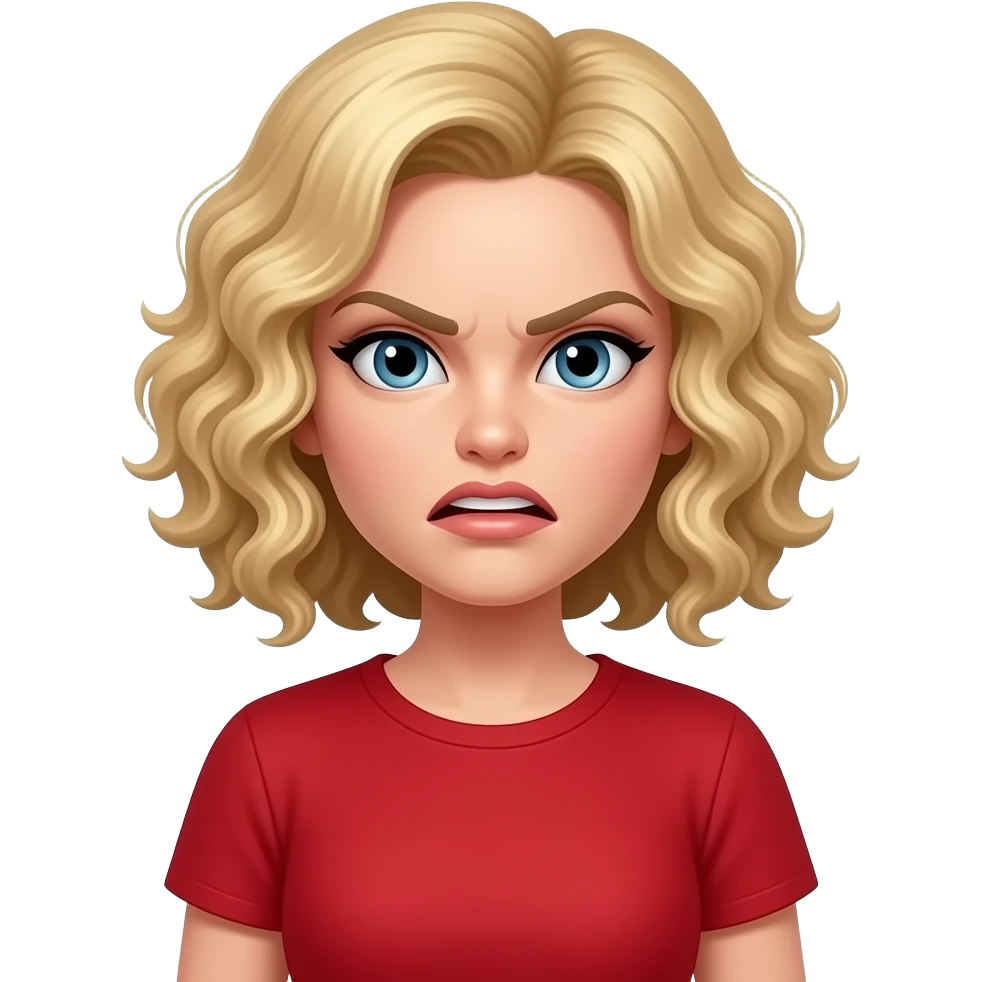 blonde tight curly bob furiously in a red short sleeve shirt emoji
