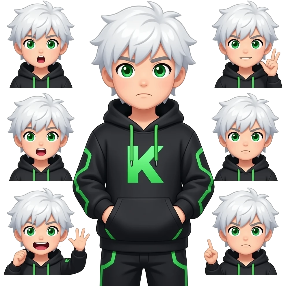 Créame mas de 50 emojis de medio cuerpo con diferentes expresiones de el mismo personaje que ha voy a describir que hagas: pelo blanco, ojos verdes, una sudadera negra con partes verdes futurista con una K en el centro y usa las manos en algunas empresas como de asombro o emocionado y preocupado emoji