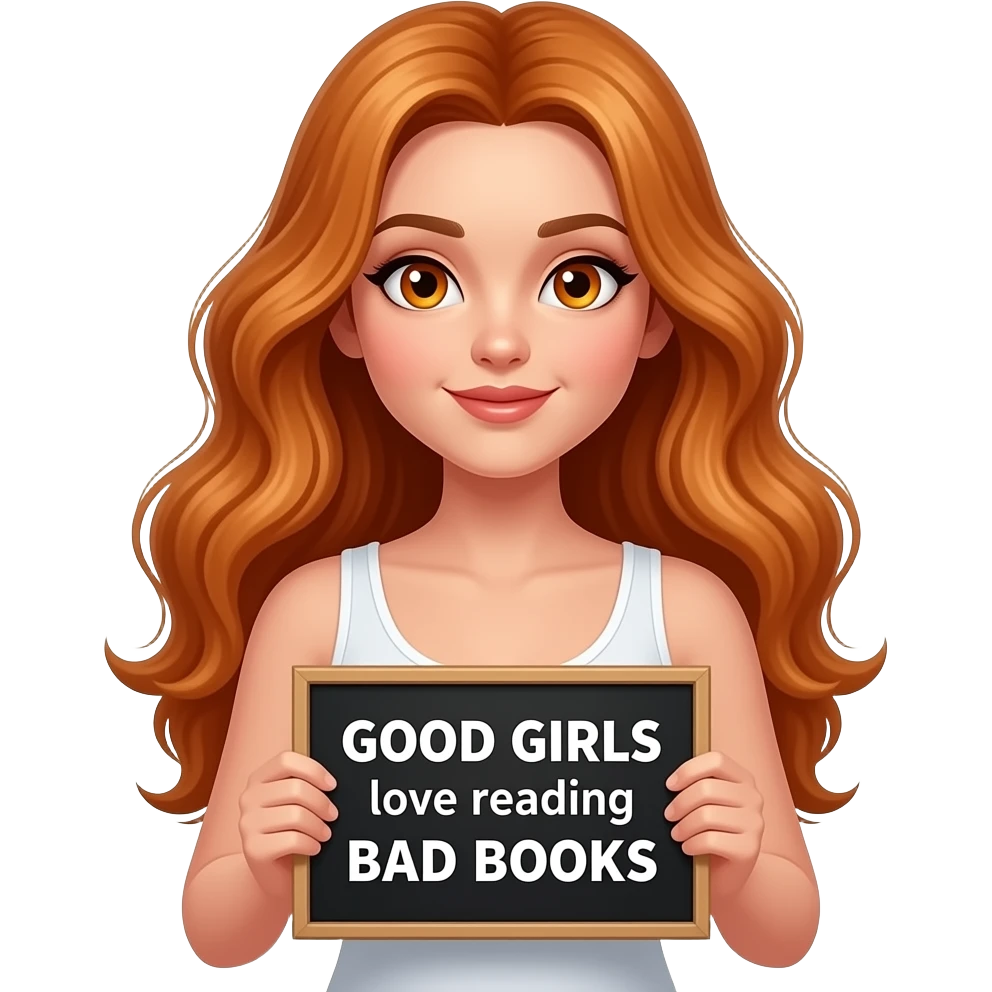 sexy girl with long wavy ginger hair and ginger eyes wearing a white tanktop is holding a black colored sign with GOOD GIRLS love reading BAD BOOKS written on it emoji