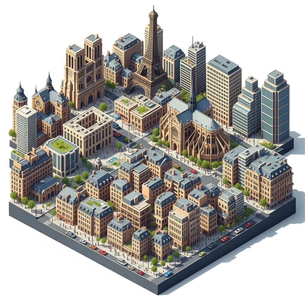 Isometric illustration of Paris, full miniature cityscape shown in the frame, 45-degree bird’s-eye view, photorealistic details, realistic lighting, clean streets, tiny cars and people, modern buildings with varied architecture, with landmark buidlings emoji