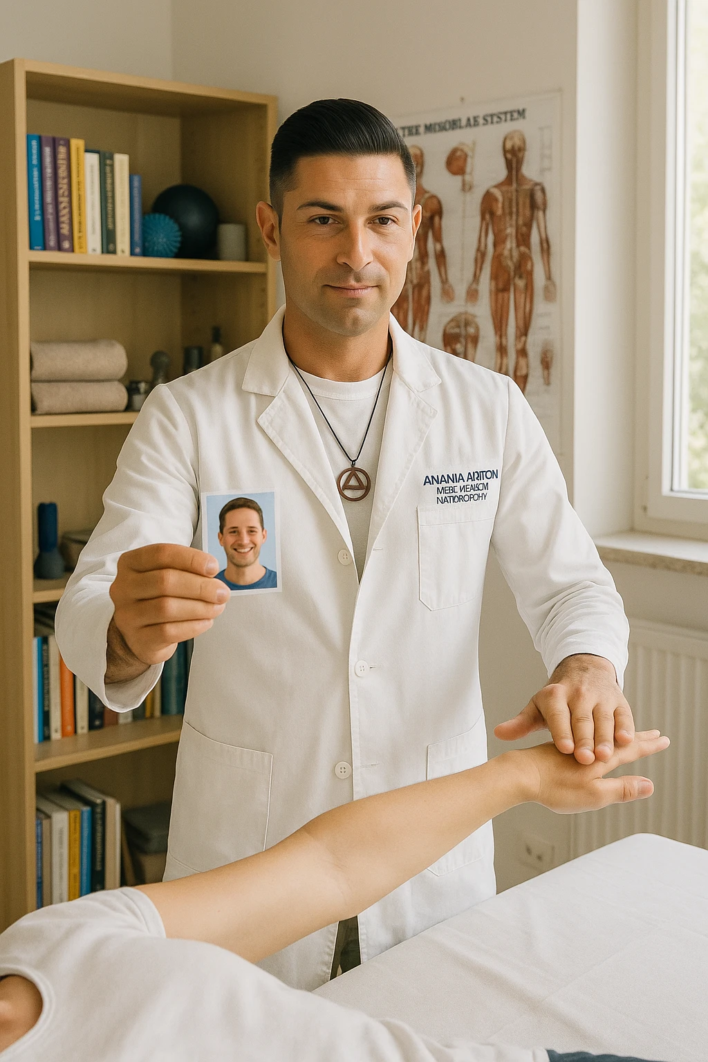 a middle-aged man, dressed in casual professional attire, is in a bright, organized therapy studio. Durante una visita di kinesiologia, il testimone tiene con una mano la foto di una persona lontana (il “testimone”) tiene la foto in mano, mentre con l’altra mano esegue un test muscolare su un cliente presente. Sullo sfondo si vedono libri di kinesiologia, poster anatomici e strumenti tipici della disciplina. L’atmosfera è concentrata e serena, con luce naturale che entra dalla finestra, sottolineando l’aspetto alternativo e umano della pratica. emoji