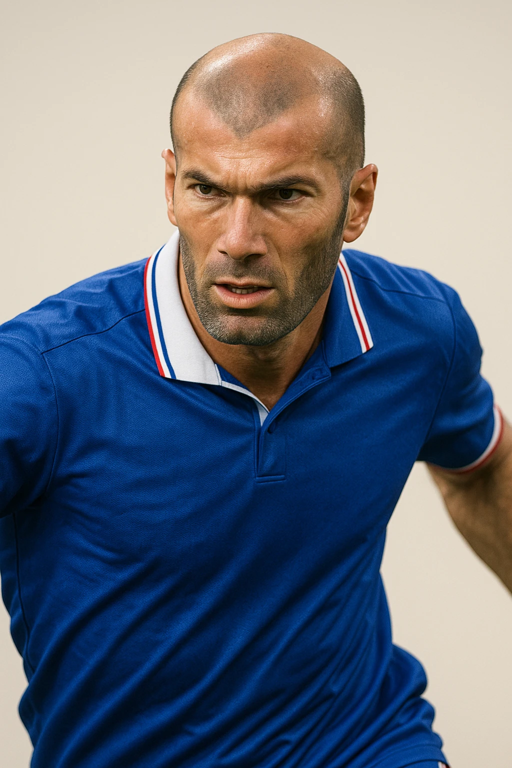 Zinedine Zidane, iconic French footballer, bald head, intense expression, blue jersey, in a dynamic pose, simple background emoji