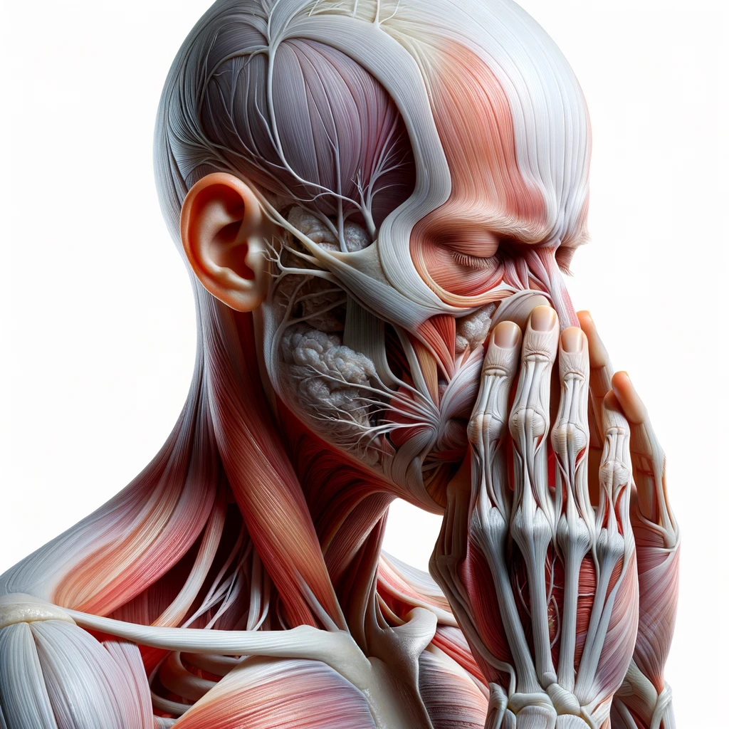 corpo umano anatomico che si soffia il naso perché ha il raffreddore, iperrealistico 4k, isolato su sfondo bianco emoji