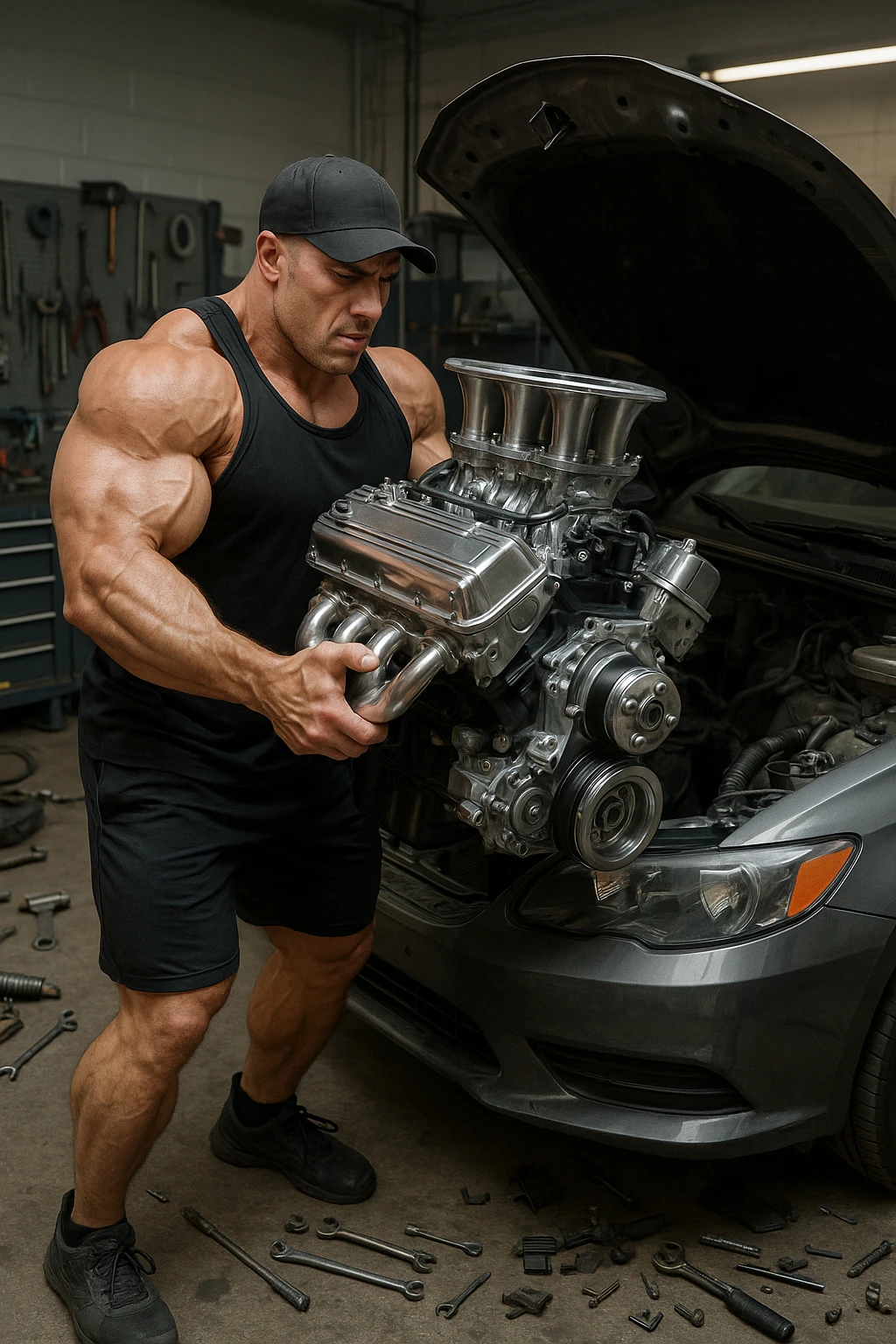 a muscular bodybuilder in gym attire stands next to a car with the hood open, lifting a large, shiny, high-performance engine with ease. His expression is focused and determined as he installs the new engine. The background is a modern garage, with tools and car parts scattered around, emphasizing strength and mechanical skill. emoji