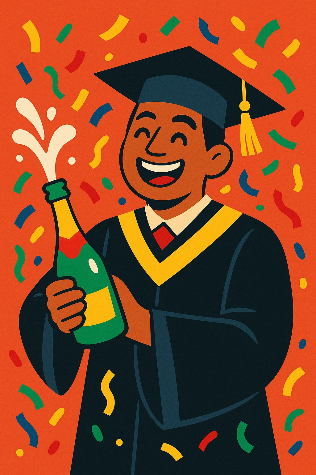 happy Mexican graduate, confetti raining down, popping a champagne bottle, celebratory and colorful atmosphere emoji
