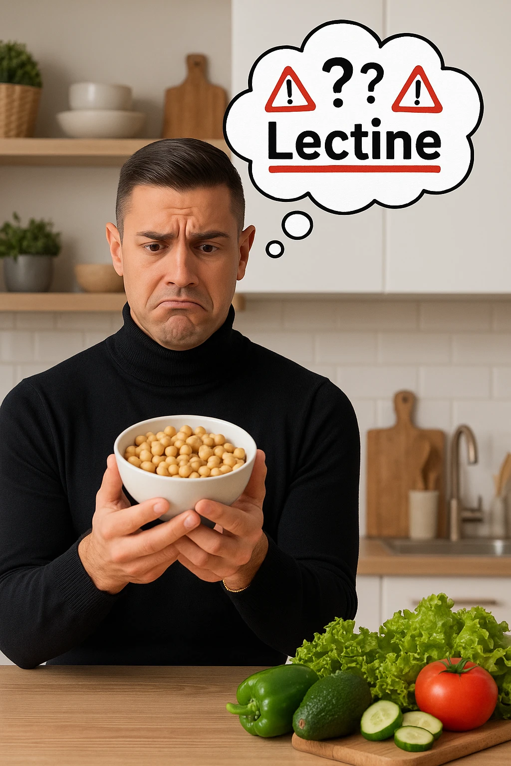 un uomo in cucina tiene in mano una ciotola di legumi (come fagioli o ceci) e li osserva con un’espressione dubbiosa e leggermente preoccupata. Sopra la ciotola, una nuvoletta di pensiero mostra la parola “Lectine” evidenziata in rosso, insieme a simboli di allarme o punti interrogativi. Sullo sfondo, altri alimenti salutari sono visibili sul tavolo, sottolineando il suo scetticismo verso i legumi. emoji