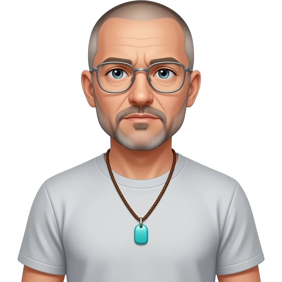 pointed chin indifferent pointed chin haved face pendant Turquoise on brown paracord t shirt shaved short hair full-length photo of extreme streetwear clean-shaven face cool boy thin metal-framed glasses ery entellectual man, 58 years old, street wear stubble, shaved short with clippers emoji
