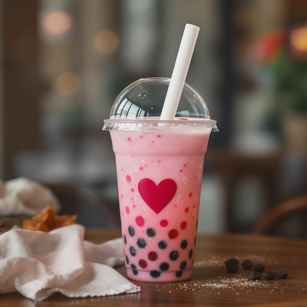 photorealistic elegant pink bubble tea with a heart accent, transparent background emoji