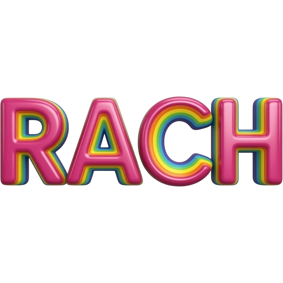 name "rach" in hot pink, 3D style typography lettering, each color of the rainbow as a border outlined around each letter, isolated, 3d rendering, no emoji icons no emoji faces and must have no human figures emoji