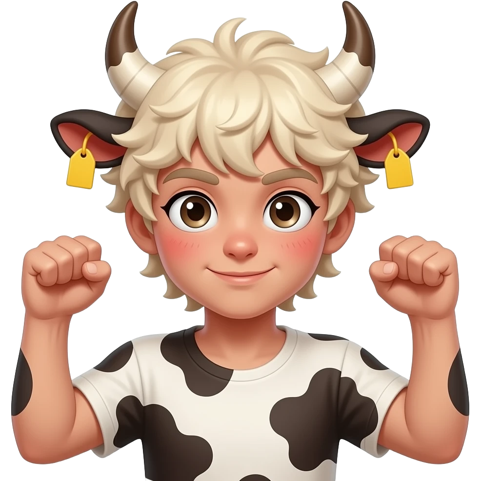 albino curly femboy with white eylashes with cow horns and cow ears with yellow tags in both cow ears poses in caramel dance pose with his fists up to his head with red blush on his cheeks emoji