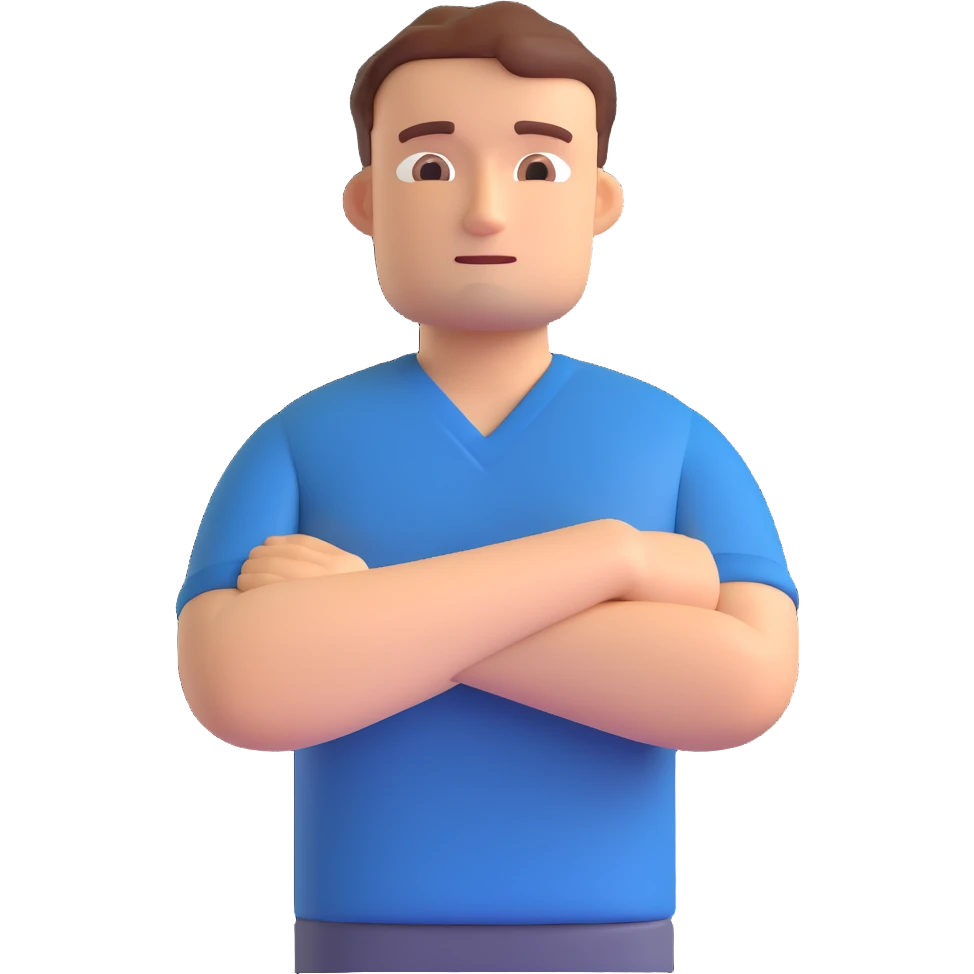 a man thinking with arms crossed, looking up, 3D style emoji