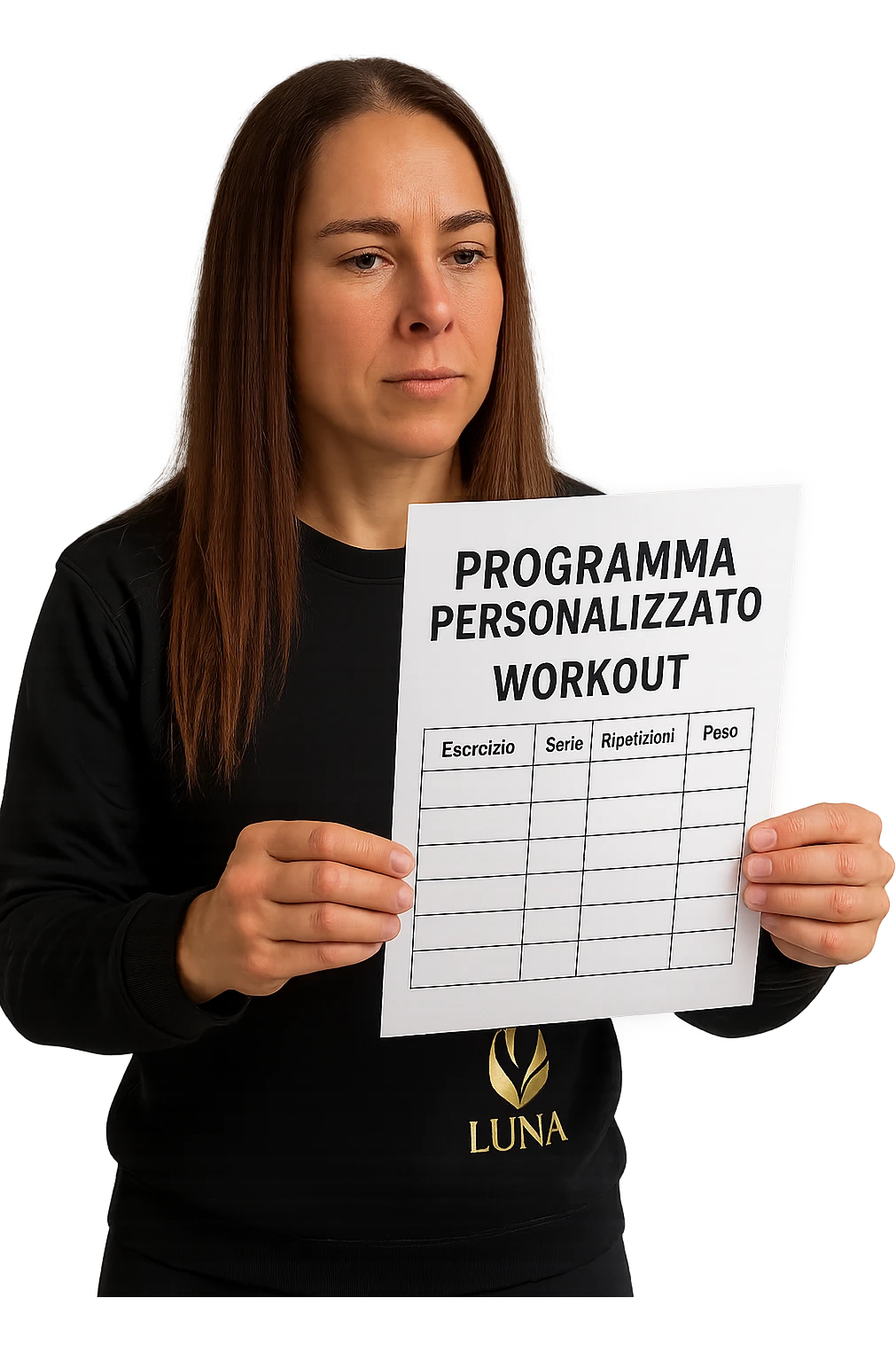Donna con in mano Scheda di allenamento di palestra con scritto "Programma Personalizzato" emoji
