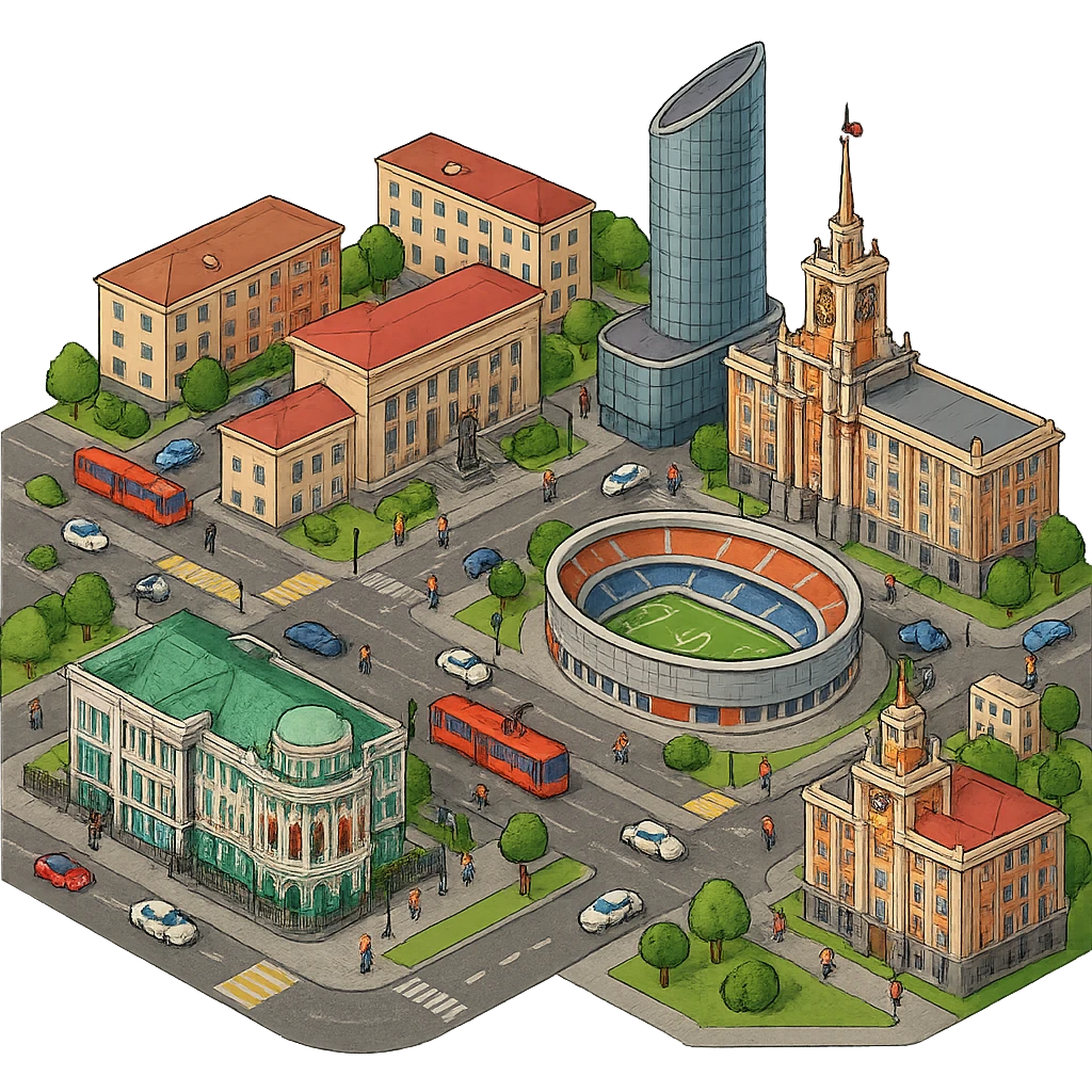 Изометричная миниатюрная фотореалистичная 3D модель Екатеринбурга - Дом Севастьянова, Ельцин-центр, Уральский федеральный университет, дома, Екатеринбург Арена, Штаб-квартира Русской медной компании, Здание Свердловского городского совета народных депутатов, четкие линии, яркие цвета, мультяшный реализм, люди, автотранспорт, компактная композиция, вид сверху в изометрии, прозрачный фон emoji